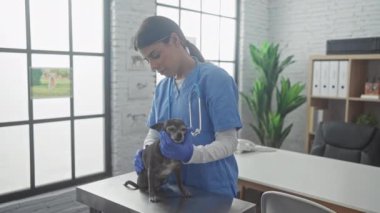 Odaklanmış genç bir kadın veteriner, veteriner kliniğinde bir Chihuahua 'yı muayene ediyor..