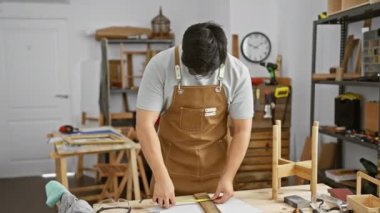 Genç Asyalı bir adam iyi organize edilmiş marangozluk atölyesinde çalışıyor..