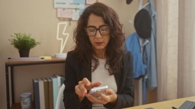 Ofiste telefonda dekorasyon ve bitkilerle konuşurken gülümseyen İspanyol kadın.