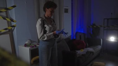 Afrika kökenli Amerikalı kadın dedektif eldivenli karanlık bir suç mahallini araştırıyor.