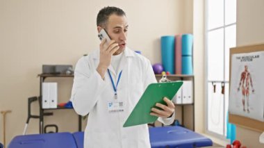 Laboratuvar önlüklü İspanyol adam rehabilitasyon kliniğinde telefon ve panoyla birden fazla iş yapıyor..