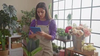 Odaklanmış genç bir İspanyol kadın çiçeklerle ve çiçeklerle çevrili bir çiçekçide kapalı bir tablet kullanıyor..