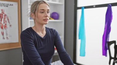 Odaklanmış genç bir kadın modern bir rehabilitasyon kliniğinde dambıllarla egzersiz yapıyor.