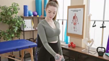 Genç bir kadın fizik tedavi kliniğinde dambılla egzersiz yapıyor. Sağlık ve zindelik gösterisi yapıyor..