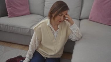 Orta yaşlı bir kadın kendini iyi hissetmiyor. Gri bir koltukta oturuyor ve uzanıyor. Sıkıntıları, hastalıkları ya da baş ağrılarını gösteriyor..