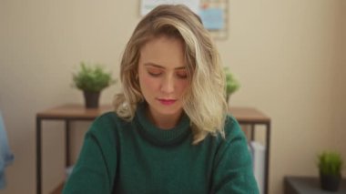 Sarışın kadın evde doğal bir şekilde gülümsüyor. Tarafsız bir arka planı var. Olumlu ve rahat ifade ediyor..