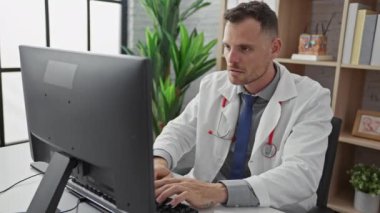 Klinikteki genç bir İspanyol erkek doktor bilgisayarı üzerinde çalışırken başarısını ve pozitifliğini ifade ediyor..