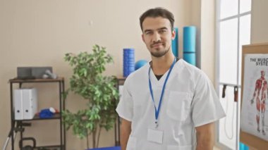 Kendine güvenen genç bir İspanyol erkek terapistin portresi. Rehabilitasyon kliniğinde elinde posterlerle..