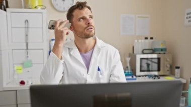 Laboratuvar önlüğü giyen stresli genç bir adam, akıllı telefon kullanırken yorgunluk belirtileri gösteren bir hastane laboratuvarında mola verir..