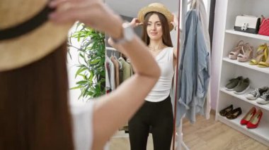 Bir kadın butik soyunma odasında hasır şapka deniyor. Tarz, moda ve tercihi yansıtıyor..