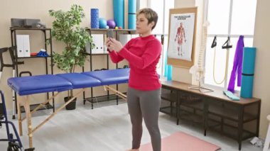 Aktif giyimli bir kadın rehabilitasyon kliniğinin egzersiz odasında terapi ekipmanlarıyla otururken akıllı telefon kullanıyor..