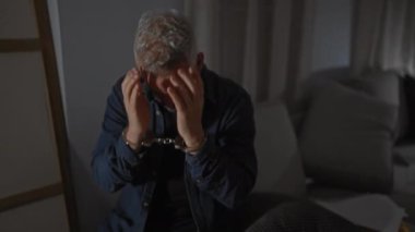 Elleri kelepçeli bir adam, yüzünü umutsuzlukla kapatıyor. Kapalı bir yerde, karanlık, kasvetli bir arka planda kağıtlarla oturuyor..