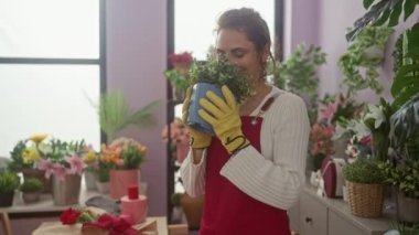 Mutlu bir gülümsemesi olan genç bir kadın renkli bir çiçekçide bitkinin kokusundan zevk alır..