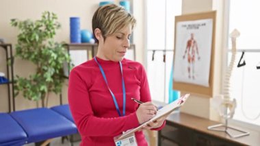 Kırmızı üniformalı gülümseyen kadın rehabilitasyon kliniğinin iç kısımlarında spor malzemeleriyle panoya yazı yazıyor.