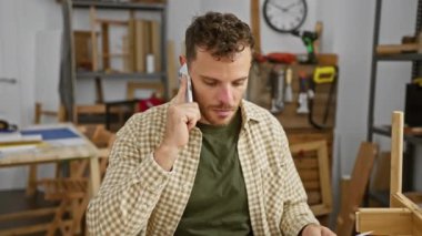 Ekose gömlekli, sakallı genç bir İspanyol marangoz atölyesinde çalışırken telefonla konuşuyor..