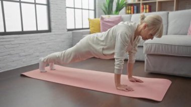Olgun bir kadın, oturma odasındaki yoga minderinin üstünde çalışırken el ağrısı yaşar..