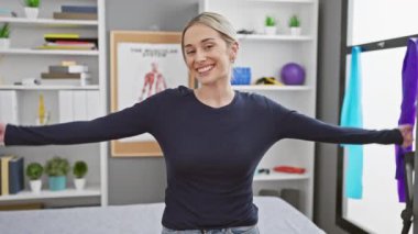 Modern bir kapalı rehabilitasyon kliniğinde kaslarını esneten gülümseyen genç bir sarışın kadın.