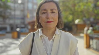 Güneşli bir şehir parkında kısa saçlı, gülümseyen orta yaşlı bir kadın..