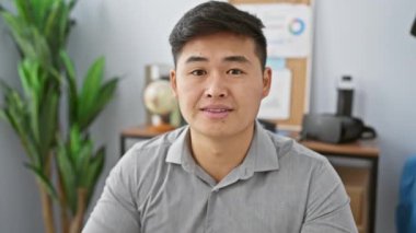 Profesyonel Asyalı bir adam modern ofis ortamında rahat bir şekilde poz veriyor, iş kıyafetlerini tasvir ediyor..