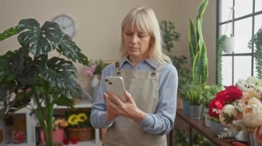Çiçekçide olgun sarışın bir kadın canlı ev bitkilerinin arasında akıllı telefonunu izliyor..