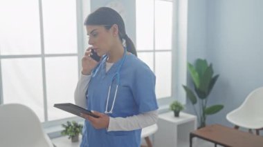 Önlüklü profesyonel bir İspanyol kadın elinde tabletle telefonda konuşuyor. Parlak bir hastane odasında..