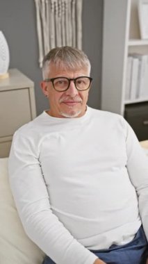 Gri saçlı neşeli orta yaşlı adam, şakacı pozlar veriyor, pijama giyiyor, parmakları kafasında tavşan taklidi yapıyor, neşe saçıyor.