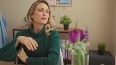 Düşünceli genç bir kadın, elinde bir buket ve defterle evde oturmuş, tefekkür hissini iletiyor..