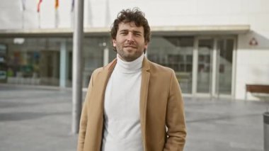 Açık havada poz veren gülen şehirli adam.