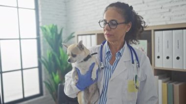 Yetişkin bir kadın veteriner klinikte Chihuahua köpeği tutuyor..
