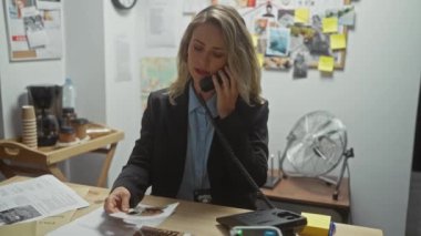 Ofiste genç sarışın bir kadın dedektif. Soruşturma kanıtıyla çevrili belgeleri inceliyor ve telefonla konuşuyor..