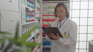 Olgun kadın eczacı, bir eczane dolusu ürünle dolu bir eczanede pano incelemesi yapıyor..