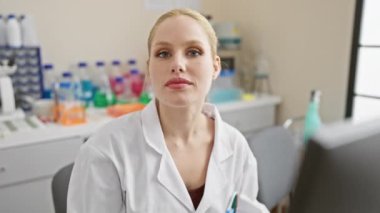 Neşeli, göz kırpan sarışın bilim adamı laboratuarı aydınlatıyor! Üniformasını sallayarak, genç bir kadının seksi ifadesi mutlu gözlerle kameraya bakıyor..