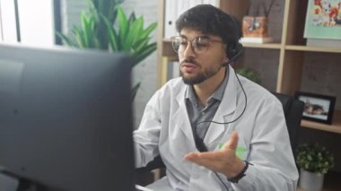 Sakallı genç bir adam klinikte tele sağlık danışmanlığı yapıyor..