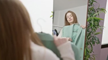 Bir odada genç bir kadın, palto deniyor, aynaya bakıyor, kıyafetlerle çevrili, tarzını yansıtıyor..