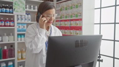 Bir eczacı kadın eczane içinde bilgisayar kullanırken telefonla iletişim kuruyor..
