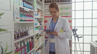 Beyaz önlüklü genç bir kadın eczacı ilaç şişeleriyle dolu modern bir eczanede dururken tablet kullanıyor..