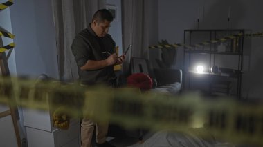 İspanyol bir adam, gece vakti kapalı bir suç mahallinde dikkat bandı ve oturma odası geçmişiyle notlar alıyor.
