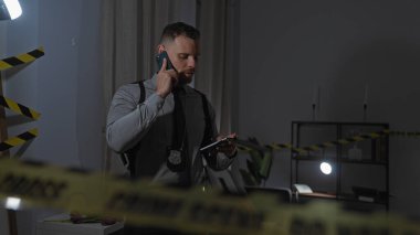 Sakallı genç bir İspanyol telefonda konuşuyor, kapalı bir suç mahallinde notlar okuyor..
