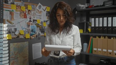Odaklanmış bir kadın dedektif, dağınık bir ofiste delilleri dava detaylarıyla dolu bir mantar panoyla inceliyor..