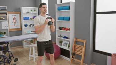 Modern bir rehabilitasyon kliniğinde dambılla egzersiz yapan yakışıklı bir İspanyol.