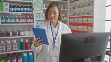 Modern bir eczanede tablet kullanan olgun bir kadın eczacı.