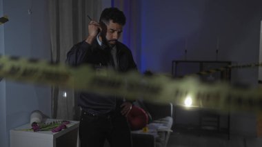 Sakallı düşünceli bir adam dikkat bandıyla çevrili loş ışıklı bir suç mahallini inceliyor..