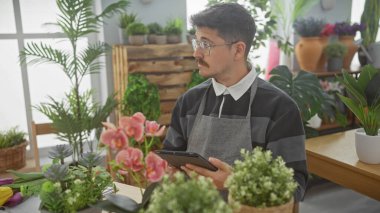 Bıyıklı genç bir İspanyol çiçekçi yeşil bir çiçekçide tablet kullanıyor..