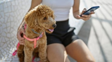 Köpekli beyaz bir kadın parkta bankta oturmuş akıllı telefon kullanıyor.