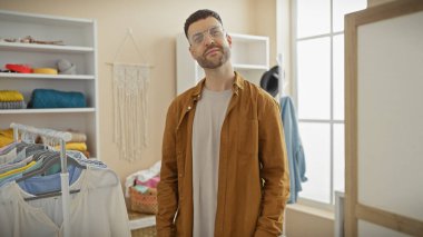 Gözlüklü, sakallı, şık giyinen, kendine güveni ve tarzı olan yakışıklı bir adam..