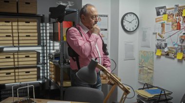 Bıyıklı düşünceli bir adam karmakarışık bir dedektiflik ofisinde duruyor ve tahtadaki kanıtları inceliyor..