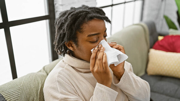 A young woman with dreadlocks blowing her nose on a sofa indoors, suggesting illness or allergies.