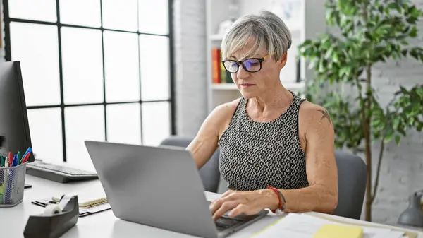 stock image Elegant mature woman with grey hair working on a laptop in a bright office setting