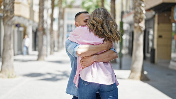Man Woman Couple Hugging Each Other Smiling Street Stock Photo
