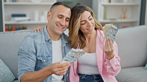 Man Woman Couple Hugging Each Other Holding Peruvian Soles Banknotes Royalty Free Stock Images